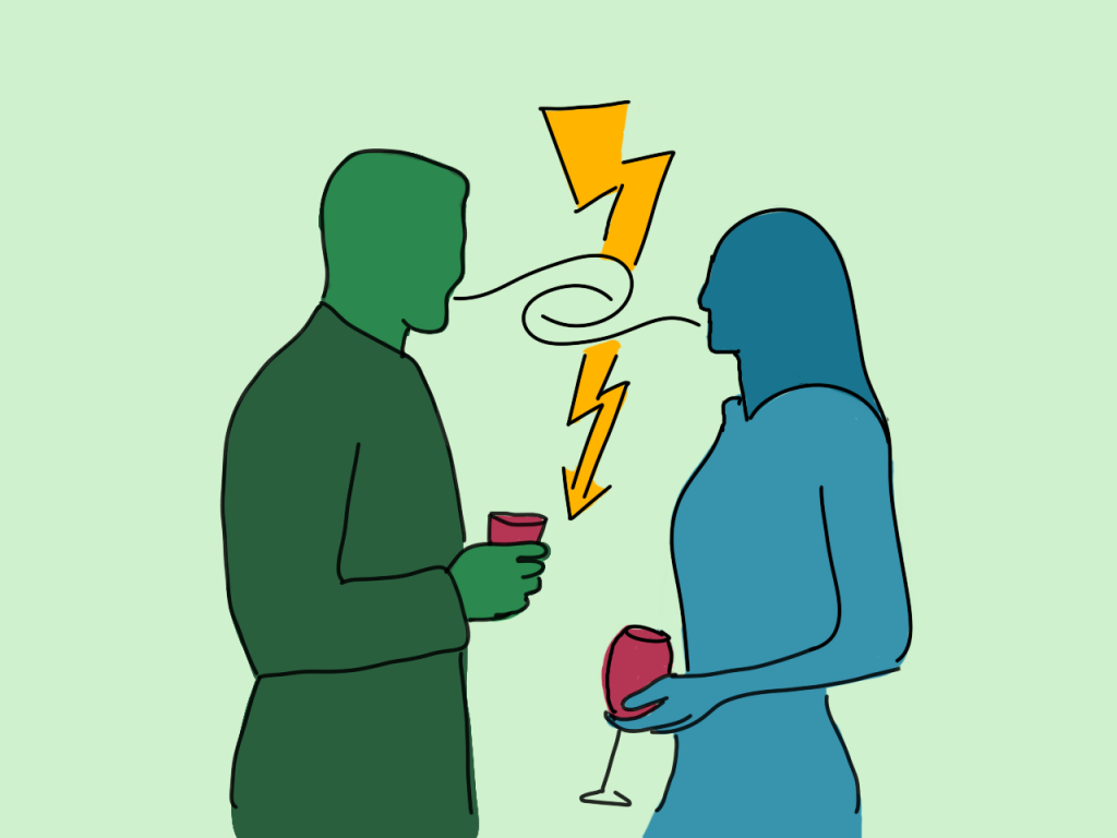 Zwei Personen stehen sich mit einem Glas in der Hand gegenüber. Zwischen Ihnen ist ein Blitz. Sie unterhalten und streiten sich.